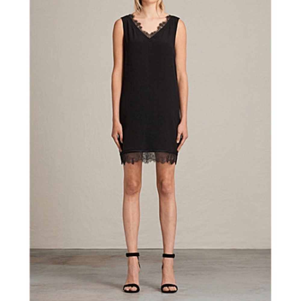 All Saints Camia Lace Silk VNeck Black Shift Dress